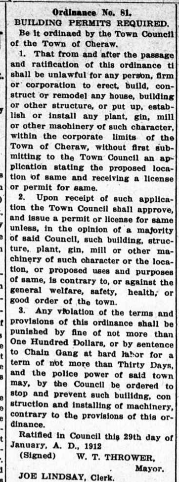 A facsimile of the first building permit ordinance in 1912